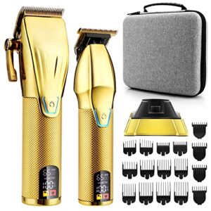 Zesuti Professional Hair Clippers & Trimmer Set for Man with Charging Base,Cordless 4 Adjustable Speeds Hair Clipper,Barber Supplies Clippers for Hair Cutting Mens T-Blade Trimmer Haircut Kit (Gold)