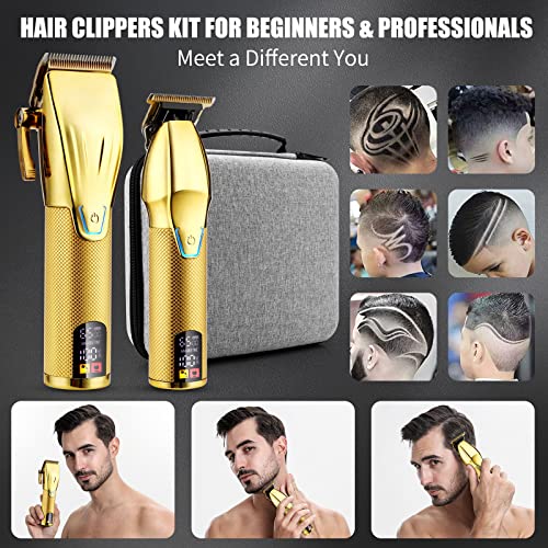 Zesuti Professional Hair Clippers & Trimmer Set for Man with Charging Base,Cordless 4 Adjustable Speeds Hair Clipper,Barber Supplies Clippers for Hair Cutting Mens T-Blade Trimmer Haircut Kit (Gold)