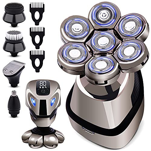 AW Robot 7D Head Shavers for Bald Men, Anti-Pinch Electric Razor for Men, 5-in-1 Mens Grooming Kit with Nose Hair Trimmer, Beard Trimmer for Men, Waterproof and Rechargeable Electric Shavers for Men