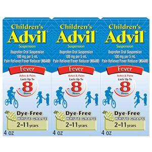 children’s advil pain reliever and fever reducer, dye free children’s ibuprofen for pain relief, liquid ibuprofen for children, white grape – 4 fl oz (pack of 3)