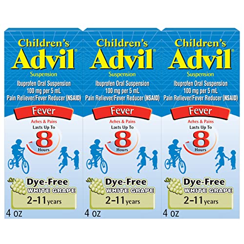 Children's Advil Pain Reliever and Fever Reducer, Dye Free Children's Ibuprofen for Pain Relief, Liquid Ibuprofen for Children, White Grape - 4 Fl Oz (Pack of 3)