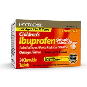 goodsense children’s ibuprofen chewable tablets, 100 mg, orange flavor, pain reliever and fever reducer, 24 count