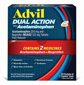 advil dual action coated caplets with 250 mg ibuprofen and 500 mg acetaminophen per dose (2 dose equivalent) for 8 hour pain relief – 2 count x 50
