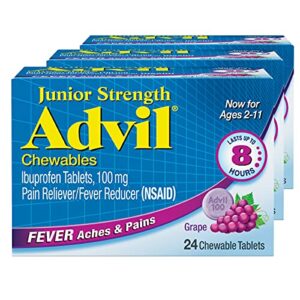 advil junior strength chewable ibuprofen pain reliever and fever reducer, children’s ibuprofen for pain relief, grape – 24 tablets (pack of 3)