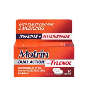 motrin dual action with tylenol, dual action pain reliever with ibuprofen & acetaminophen, two medicines for minor aches & pains, ibuprofen (nsaid) 125 mg & acetaminophen 250 mg, 20 ct