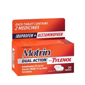 Motrin Dual Action with Tylenol, Dual Action Pain Reliever with Ibuprofen & Acetaminophen, Two Medicines for Minor Aches & Pains, Ibuprofen (NSAID) 125 mg & Acetaminophen 250 mg, 20 ct