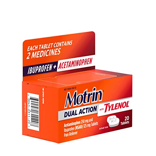 Motrin Dual Action with Tylenol, Dual Action Pain Reliever with Ibuprofen & Acetaminophen, Two Medicines for Minor Aches & Pains, Ibuprofen (NSAID) 125 mg & Acetaminophen 250 mg, 20 ct