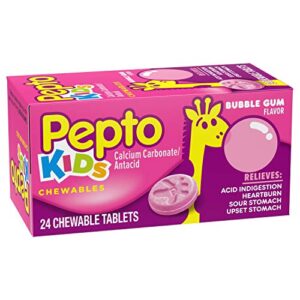 Pepto Kid's Bubblegum Flavor Chewable Tablets for Heartburn, Acid Indigestion, Sour Stomach, and Upset Stomach for Children 24 ct