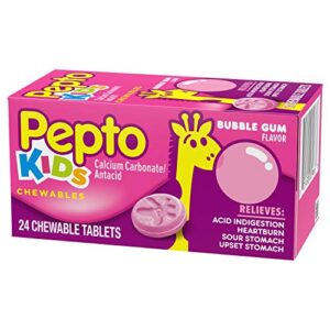 Pepto Kid's Bubblegum Flavor Chewable Tablets for Heartburn, Acid Indigestion, Sour Stomach, and Upset Stomach for Children 24 ct