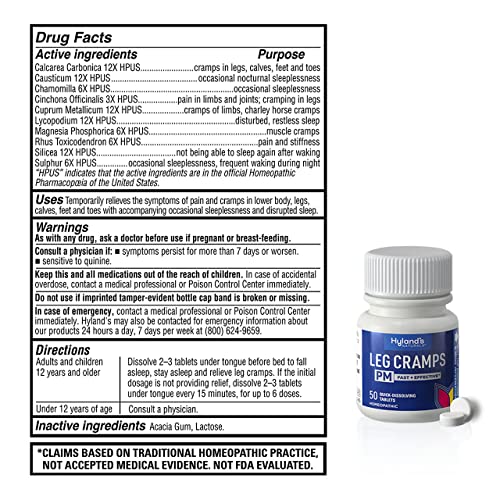 Leg Cramps Tablets by Hyland's Naturals, PM Nighttime Formula, Natural Relief of Calf, Foot and Leg Cramps at Night, 50 Count