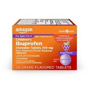 amazon basic care children’s ibuprofen chewable tablets, 100 mg, grape flavor, pain reliever and fever reducer, 24 count