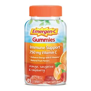 emergen-c 750mg vitamin c gummies for adults, immunity gummies with b vitamins, gluten free, orange, tangerine and raspberry flavors – 45 count