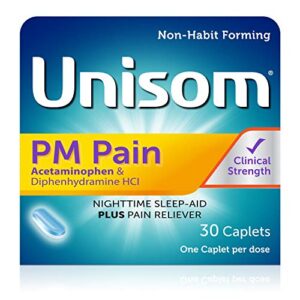 unisom pm pain nighttime sleep-aid + pain reliever, acetaminophen & diphenhydramine hci, 30 caplets, 50mg