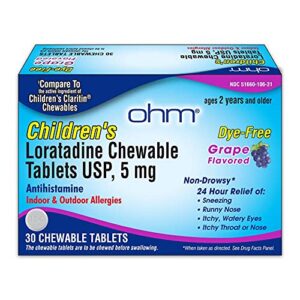 ohm children’s chewable tablets, dye free, grape, non-drowsy 24h relief of sneezing, runny nose, itchy watery eyes, itchy throat or nose, antihistamine, indoor & outdoor allergies, 5mg, 30 tablets