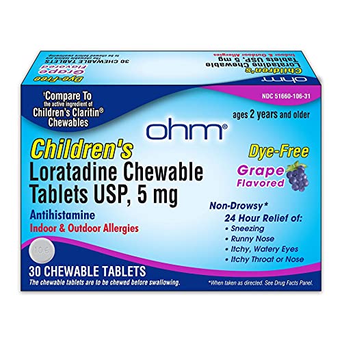 Ohm Children’s Chewable Tablets, Dye Free, Grape, Non-Drowsy 24h Relief of Sneezing, Runny Nose, Itchy Watery Eyes, Itchy Throat or Nose, Antihistamine, Indoor & Outdoor Allergies, 5mg, 30 Tablets