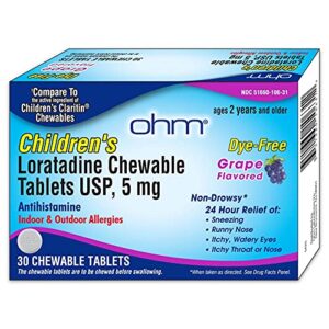 Ohm Children’s Chewable Tablets, Dye Free, Grape, Non-Drowsy 24h Relief of Sneezing, Runny Nose, Itchy Watery Eyes, Itchy Throat or Nose, Antihistamine, Indoor & Outdoor Allergies, 5mg, 30 Tablets