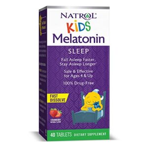 natrol kids 1mg melatonin fast dissolve sleep aid tablets, with lemon balm, supplement for children ages 4 and up, drug free, dissolves in mouth, 40 strawberry flavored tablets