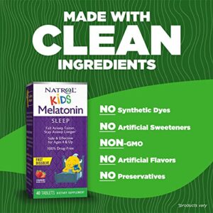 Natrol Kids 1mg Melatonin Fast Dissolve Sleep Aid Tablets, with Lemon Balm, Supplement for Children Ages 4 and up, Drug Free, Dissolves in Mouth, 40 Strawberry Flavored Tablets