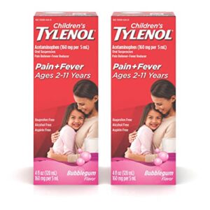 tylenol children’s oral suspension medicine with acetaminophen, bubble gum, 4 fl oz, pack of 2