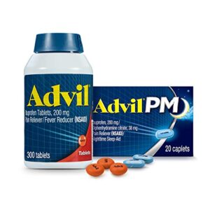 advil pain reliever and fever reducer, ibuprofen 200mg for pain relief – 300 count, advil pm pain reliever and nighttime sleep aid, ibuprofen for pain relief and diphenhydramine citrate – 20 count
