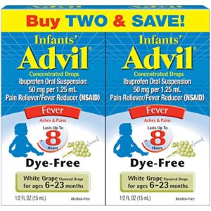 advil infants’ fever reducer/pain reliever dye-free, 50mg ibuprofen concentrated drops (white grape flavor, 0.5 fl. oz. bottle, pack of 2)