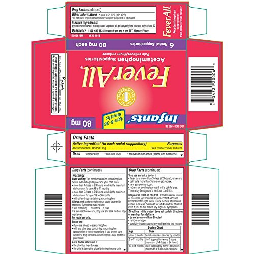 FeverAll Infants Acetaminophen Suppositories 6 Rectal Suppositories 80mg each (Pack of 2)