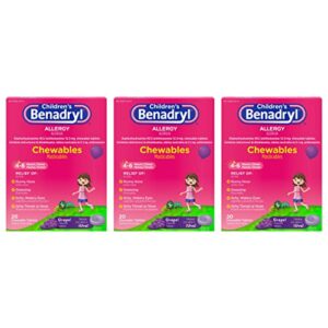 benadryl children’s allergy chewables with diphenhydramine hcl, antihistamine chewable tablets in grape flavor, three pack, 3 x 20 ct each, 60 ct