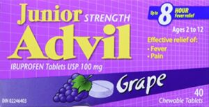 junior strength advil (40 count, grape flavour) ibuprofen chewable tablets for relief of pain fever