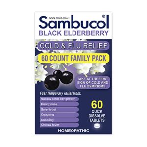 sambucol cold and flu relief tablets – homeopathic cold medicine, nasal & sinus congestion relief, use for runny nose, sore throat, coughing, fever, cold remedy for adults – black elderberry, 60 count