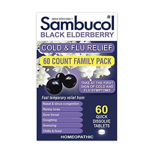 Sambucol Cold and Flu Relief Tablets - Homeopathic Cold Medicine, Nasal & Sinus Congestion Relief, Use for Runny Nose, Sore Throat, Coughing, Fever, Cold Remedy for Adults - Black Elderberry, 60 Count