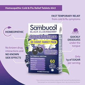 Sambucol Cold and Flu Relief Tablets - Homeopathic Cold Medicine, Nasal & Sinus Congestion Relief, Use for Runny Nose, Sore Throat, Coughing, Fever, Cold Remedy for Adults - Black Elderberry, 60 Count