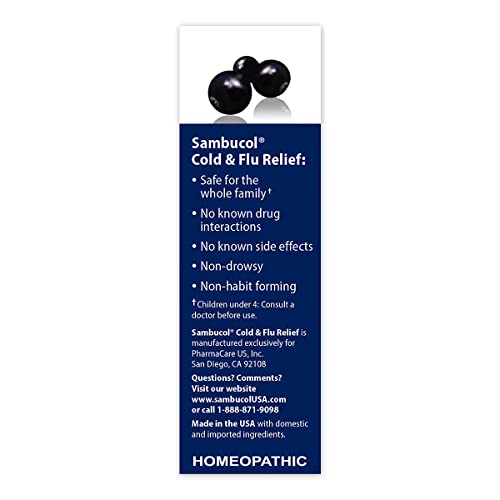 Sambucol Cold and Flu Relief Tablets - Homeopathic Cold Medicine, Nasal & Sinus Congestion Relief, Use for Runny Nose, Sore Throat, Coughing, Fever, Cold Remedy for Adults - Black Elderberry, 60 Count
