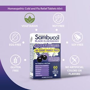 Sambucol Cold and Flu Relief Tablets - Homeopathic Cold Medicine, Nasal & Sinus Congestion Relief, Use for Runny Nose, Sore Throat, Coughing, Fever, Cold Remedy for Adults - Black Elderberry, 60 Count