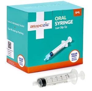 5ml oral syringes – 100 pack – luer slip tip, no needle, individually blister packed – medicine administration for infants, toddlers and small pets (no cover)