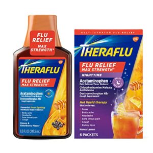 Theraflu Max Strength Daytime Flu Symptom Relief, Honey and Elderberry Syrup, 8.3 Fl Oz and Nighttime Flu Symptom Relief, Honey Lemon - 6 Count