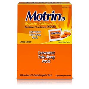motrin ib, unit dose box of 100 (50 packs of 2) coated caplets, 200mg ibuprofen