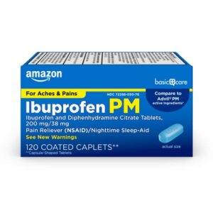 amazon basic care ibuprofen pm, ibuprofen and diphenhydramine citrate tablets, 200 mg/38 mg, pain reliever (nsaid)/nighttime sleep-aid, 120 count