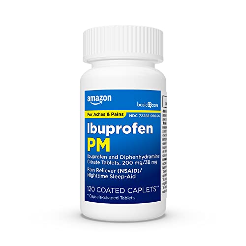 Amazon Basic Care Ibuprofen PM, Ibuprofen and Diphenhydramine Citrate Tablets, 200 mg/38 mg, Pain Reliever (NSAID)/Nighttime Sleep-Aid, 120 Count