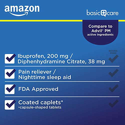 Amazon Basic Care Ibuprofen PM, Ibuprofen and Diphenhydramine Citrate Tablets, 200 mg/38 mg, Pain Reliever (NSAID)/Nighttime Sleep-Aid, 120 Count