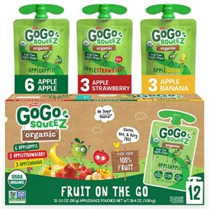 gogo squeez organic fruit on the go variety pack, apple/banana/strawberry, 3.2 oz. (12 pouches) – made from organic apples, bananas & strawberries – gluten free snacks – nut & dairy free – vegan snack