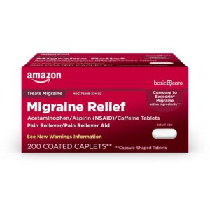 amazon basic care migraine relief, acetaminophen, aspirin (nsaid) and caffeine tablets, migraine headache relief, pain reliever/pain reliever aid, 200 count