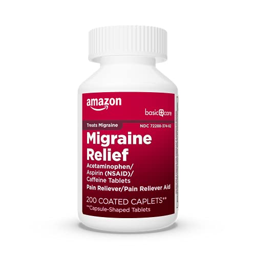 Amazon Basic Care Migraine Relief, Acetaminophen, Aspirin (NSAID) and Caffeine Tablets, Migraine Headache Relief, Pain Reliever/Pain Reliever Aid, 200 Count