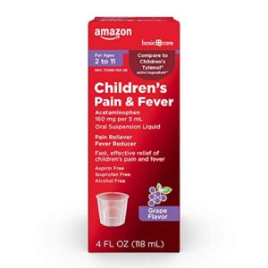 amazon basic care children’s pain & fever oral suspension acetaminophen 160 mg per 5 ml, grape flavor, fast, effective pain reliever and fever reducer for children, 4 fluid ounces