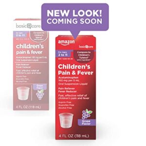 Amazon Basic Care Children's Pain & Fever Oral Suspension Acetaminophen 160 mg per 5 mL, Grape Flavor, Fast, Effective Pain Reliever and Fever Reducer for Children, 4 Fluid Ounces