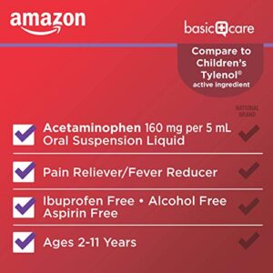 Amazon Basic Care Children's Pain & Fever Oral Suspension Acetaminophen 160 mg per 5 mL, Grape Flavor, Fast, Effective Pain Reliever and Fever Reducer for Children, 4 Fluid Ounces