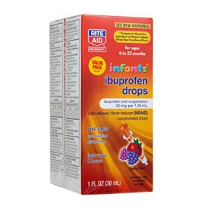 Rite Aid Infants' Dye-Free Ibuprofen Drops, Berry Flavor, 50 mg - 2 Value Pack | Infant Pain Reliever | for Babies Ages 6 to 23 Months | Ibuprofen Oral Suspension 50 mg per 1.25 mL | Gluten Free