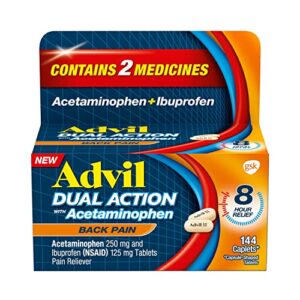 advil dual action back pain caplets delivers 250mg ibuprofen and 500mg acetaminophen per dose for 8 hours of back pain relief – 144 count