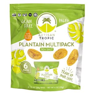 artisan tropic plantain strips – vegan, paleo, gluten free chips – individual bags healthy snacks for school, gym, kids – whole 30 approved foods baked banana chips – sea salt (1 oz – 6 pack)