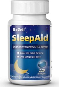 rxzell sleep aid, diphenhydramine hcl 50mg, 220 softgels – fall asleep faster, deeper restful sleeping, non habit-forming