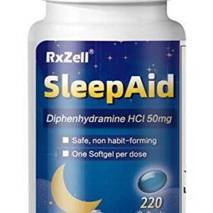 RXZELL Sleep Aid, Diphenhydramine HCl 50mg, 220 Softgels - Fall Asleep Faster, Deeper Restful Sleeping, Non Habit-Forming